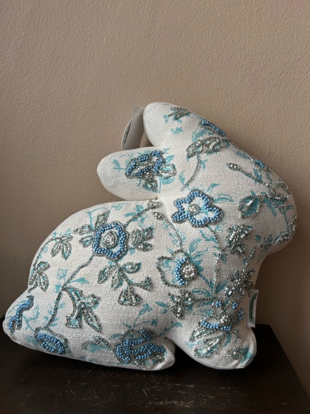New Bunny Boulevard Blue Beaded Easter Bunny Rabbit Pillow 14”x12” Floral
